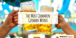 Image of two people's hands holding beer glasses and clinking them together. Text reads "The Most Common German Words."